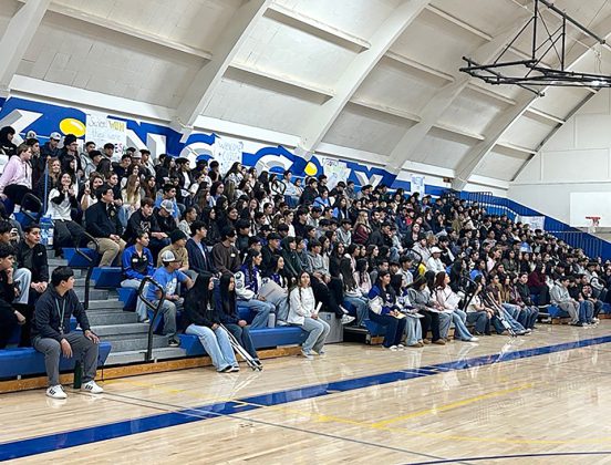 Students sit in bleachers