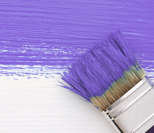 Stripe of purple paint with a paintbrush on white